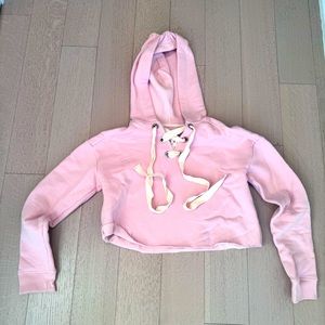 Wesley Mercer Lace Up Crop Hooded Long Sleeve Sweatshirt Chalky Rose Size S